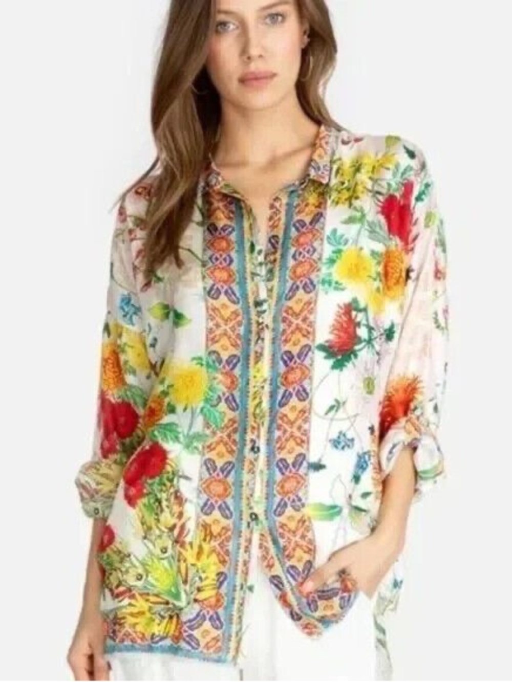 Johnny Was Jaffa Silk Button-Down Blouse Size Large